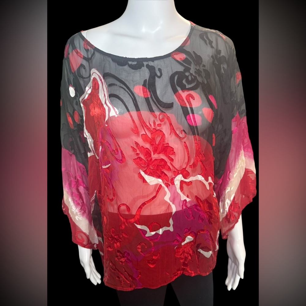 Vintage Chicos Sheer Burnout Floral Semi Sheer Top | Size M | Silk Art Red Black